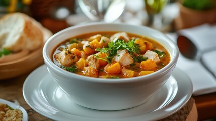 Potato soup on a white bowl