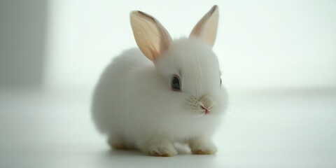 Obraz premium Cute white bunny sitting, indoor studio shot. Pet, Easter