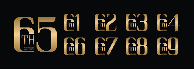 anniversary collection 61 to 69 years gold color, creative number design vector illustration. for birthday, greeting, special moment
