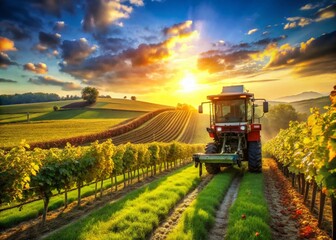 Fototapeta premium Harvesting Grapes with Combine Harvester, Southern Moravia Vineyards, Czech Republic