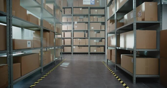 Postal Sorting Center, Online Store Retail Warehouse with E-Commerce Goods in Cardboard Boxes and Parcels on Shelves. Storehouse, Logistics and Distribution Facility for Delivery Service. Dolly Shot.