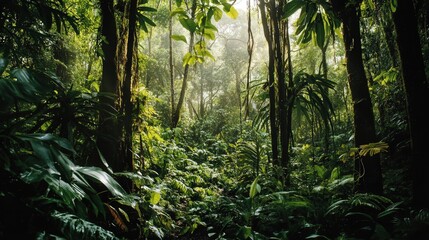 Fototapeta premium dense jungle scene, with thick vines hanging from trees and the air thick with humidity