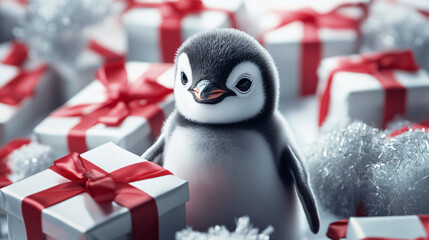 Adorable baby penguin festive small gift boxes tied red ribbon snowy Christmas illustration winter holiday card seasonal merry jolly kids charity giving offer pet zoo newborn banner nursery souvenir