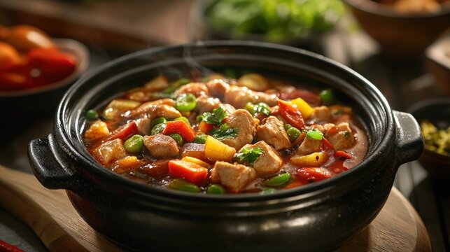 A pot of chicken soup close upe