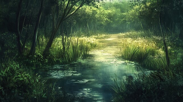 dense marsh with a slow-moving creek, surrounded by willows and lush vegetation, creating a peaceful haven for wildlife