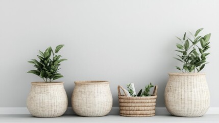 Fototapeta premium Office interior concept. Stylish indoor plants in woven baskets against a minimalist wall backdrop.