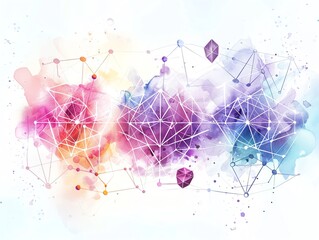 Abstract watercolor painting with geometric shapes and vibrant colors, blending art and science for a dynamic visual experience.