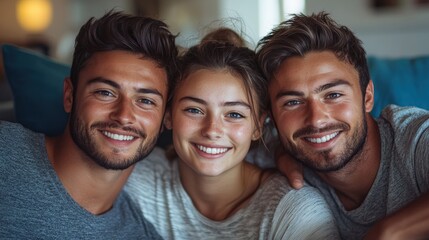 A photograph of two happy men and one girl sitting on a couch. They have different skin tones and are smiling at the camera
