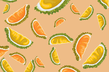 a bunch of peeled ripe durian halves spaced apart on a brown background