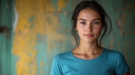 Fototapeta premium A portrait of a young woman with dark hair, wearing a blue t-shirt, standing in front of the window of her room, looking at the camera