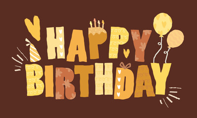 Yellow colored happy birthday typography vector with gift balloon cake pattern Cute kid hand drawn style colorful lettering icon Greeting card invitation card decoration design Funny childish birthday