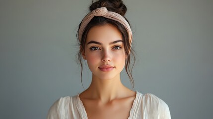 A portrait of an elegant woman with brown hair in a bun, wearing a headband and a light blouse, facing the camera directly, looking at the viewer, against a neutral background