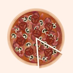 Hand drawn illustration of spicy pizza with hot sauce and paprika suitable for food poster design