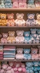 Obraz premium A shop shelf is filled with plush teddy bears, pastel-colored baby , and knitted blankets, all arranged neatly on the shelves.