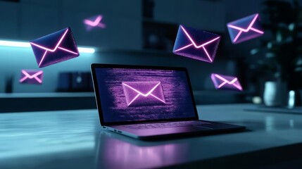 A laptop displaying digital email notifications in vibrant purple hues.