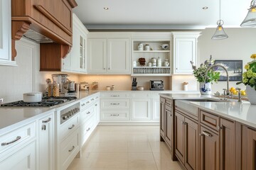 Fototapeta premium Elegant White and Wood Kitchen Design Featuring Island