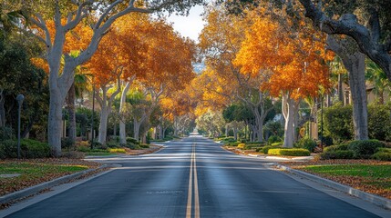 Obraz premium Serene autumn street lined with vibrant orange trees, showcasing peaceful neighborhood ambiance