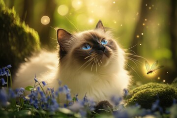 Enchanting Birman cat playing with firefly in mystical scene