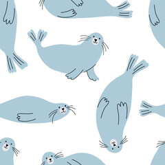 Cute cartoon Seal. Vector card in flat style. Playful seamless pattern with Seal  on white background