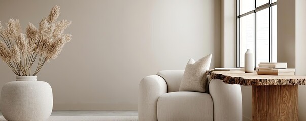 Office interior concept. A cozy, minimalist living space featuring a plush chair and decorative plants.