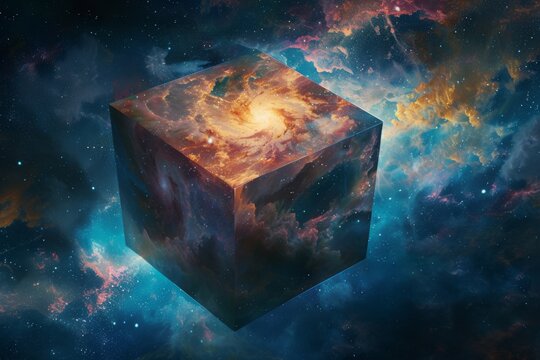 Exploring the mysteries of the cosmos through a cosmic cube representing the fourth dimension in a breathtaking universe filled with vibrant colors and swirling galaxies