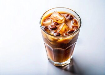 Iced Coffee in Glass, Tilt-Shift Miniature, White Background Stock Photo