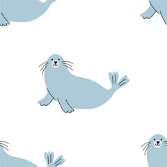 Fototapeta premium Cute cartoon Seal. Vector card in flat style. Playful seamless pattern with Seal on white background