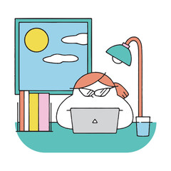 在宅ワーク中のガリ勉女性(朝)