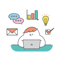 ビジネスアイコンとパソコン作業をする男性