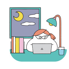 在宅ワーク中のガリ勉女性(夜)