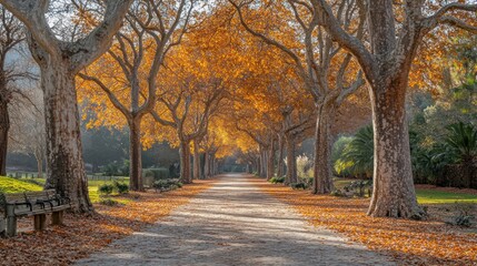 Fototapeta premium Serene autumn pathway lined with vibrant orange trees, inviting leisurely strolls in a peaceful park