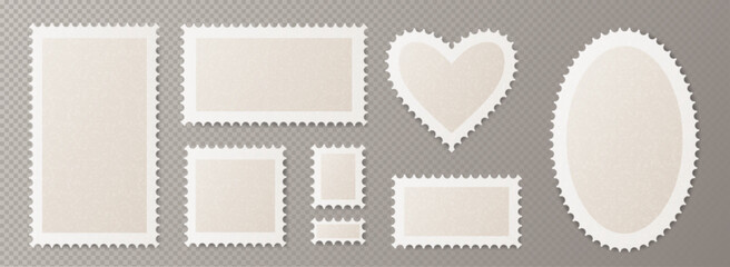Postcard stamp frames collection in various shapes - heart, oval, square and rectangles. White perforated borders with shadows on transparent background. Vintage mail and scrapbooking design elements.