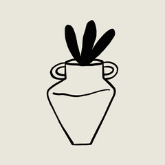 Botanical Vase Plant Pottery Ceramic. Jug Sketch Black Line Symbol. Stylized Whimsical Hand Drawn Vector Element Decor