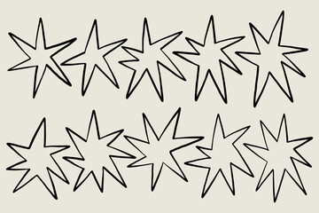 Set Hand Drawn Stars Shape. Starburst Sketch Black Line Symbol. Stylized Whimsical Vector Sparkle Element Decor