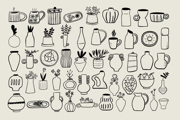 Set Pottery Ceramic Utensil. Collection Sketch Black Line Kitchen Symbol. Stylized Whimsical Hand Drawn Vector Element Decor