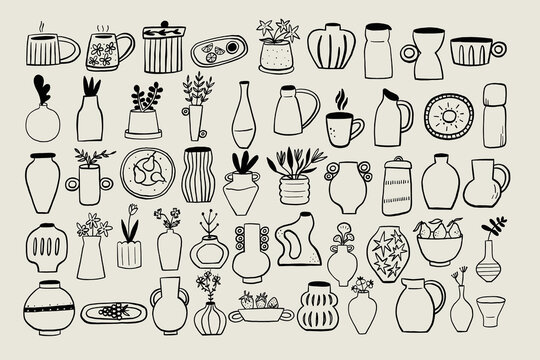 Set Pottery Ceramic Utensil. Collection Sketch Black Line Kitchen Symbol. Stylized Whimsical Hand Drawn Vector Element Decor