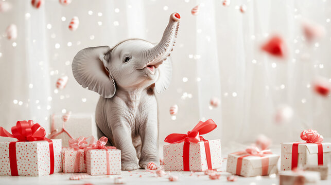 Baby elephant small red white gift boxes festive whimsical holiday scene composition cheerful atmosphere joy holiday spirit merry jolly kids charity giving offer pet zoo newborn banner