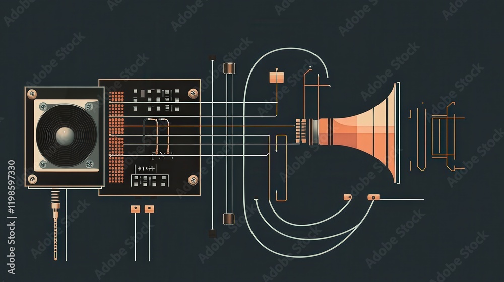 Poster simple audio amplifier circuit, showing how the input signal is amplified by a transistor,
