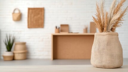 Office interior concept. A minimalist interior featuring a vase with dried plants and natural decor elements.