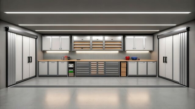 Organized Garage With Clean Lines and Functional Storage Solutions. Generative AI
