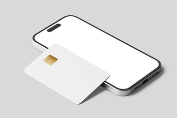 atm debit credit bank rectangular plastic card with smartphone digital screen display mobile app user interface realistic mockup template 3d rendering