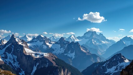 Fototapeta premium Eye-level view of majestic mountain peaks draped in pristine white snow. Their jagged silhouettes stretch across the horizon, inviting exploration and wonder