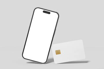 atm debit credit bank rectangular plastic card with smartphone digital screen display mobile app user interface realistic mockup template 3d rendering