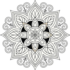 Mandala floral coloring page design art. tile pattern greeting invitation card, lace pattern and tattoo, yoga, hand drawn mandala vector on white background