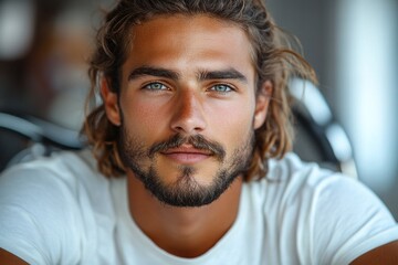 A close-up portrait of a young man with long hair and a beard, exuding confidence and charm.