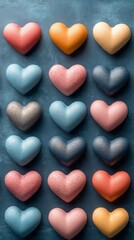 Obraz premium Colorful heart-shaped decorations arranged in various shades on a textured blue backdrop