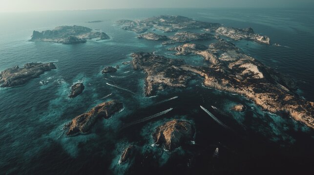 Stunning Aerial View of Turquoise Ocean Rocky Islands and Boats - Powered by Adobe