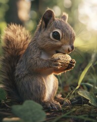 Obraz premium Cute squirrel eating peanut, forest, sunlight, nature