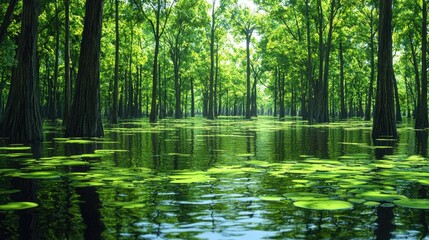 Fototapeta premium Serene Swamp Forest With Lush Green Lily Pads