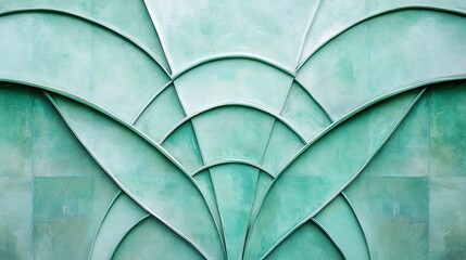 Teal Art Deco wall panel, outdoor building, geometric design, architectural detail